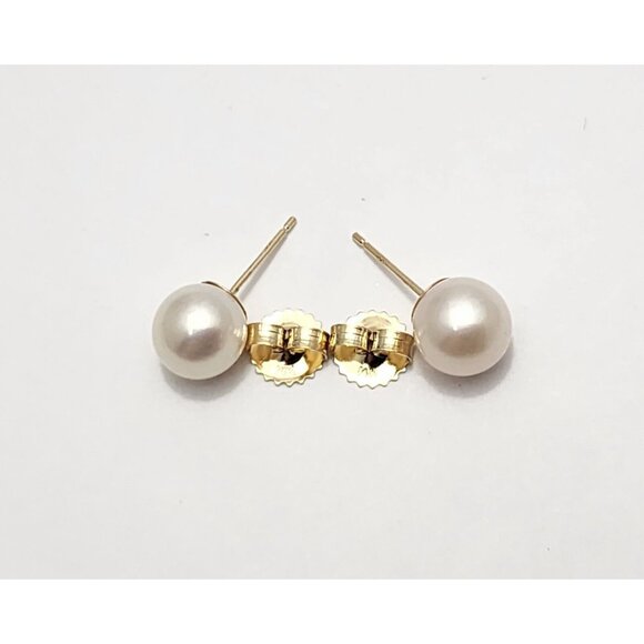Beautiful 14K Karat Solid Yellow Gold Designer Round Pearl Stud Earrings - Picture 15 of 16